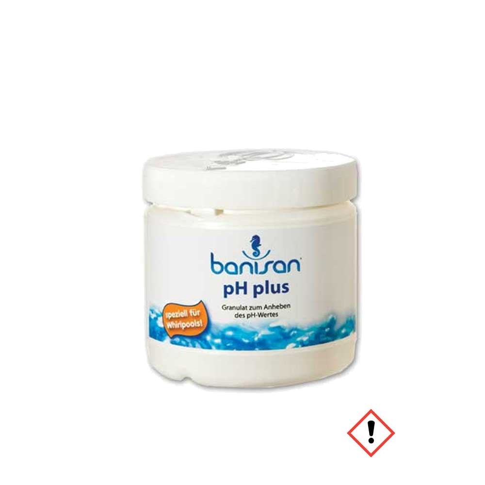 Banisan pH Plus-Granulat in einem weißen Kunststoffbehälter zur Erhöhung des pH-Werts des Poolwassers.