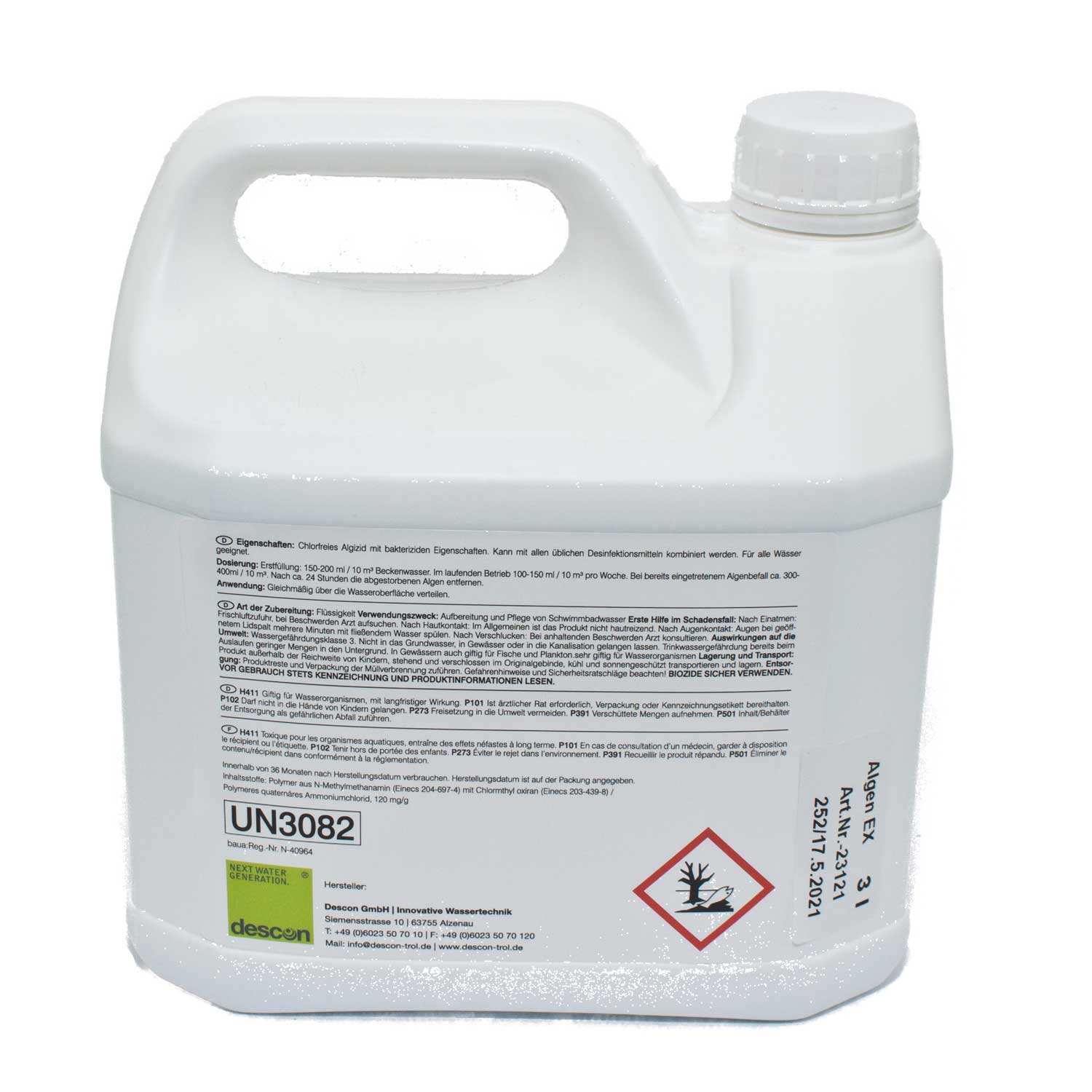 Weiße Plastikflasche mit Descon Algen EX Algizid, mit Gebrauchs- und Sicherheitsinformationen auf dem Etikett.