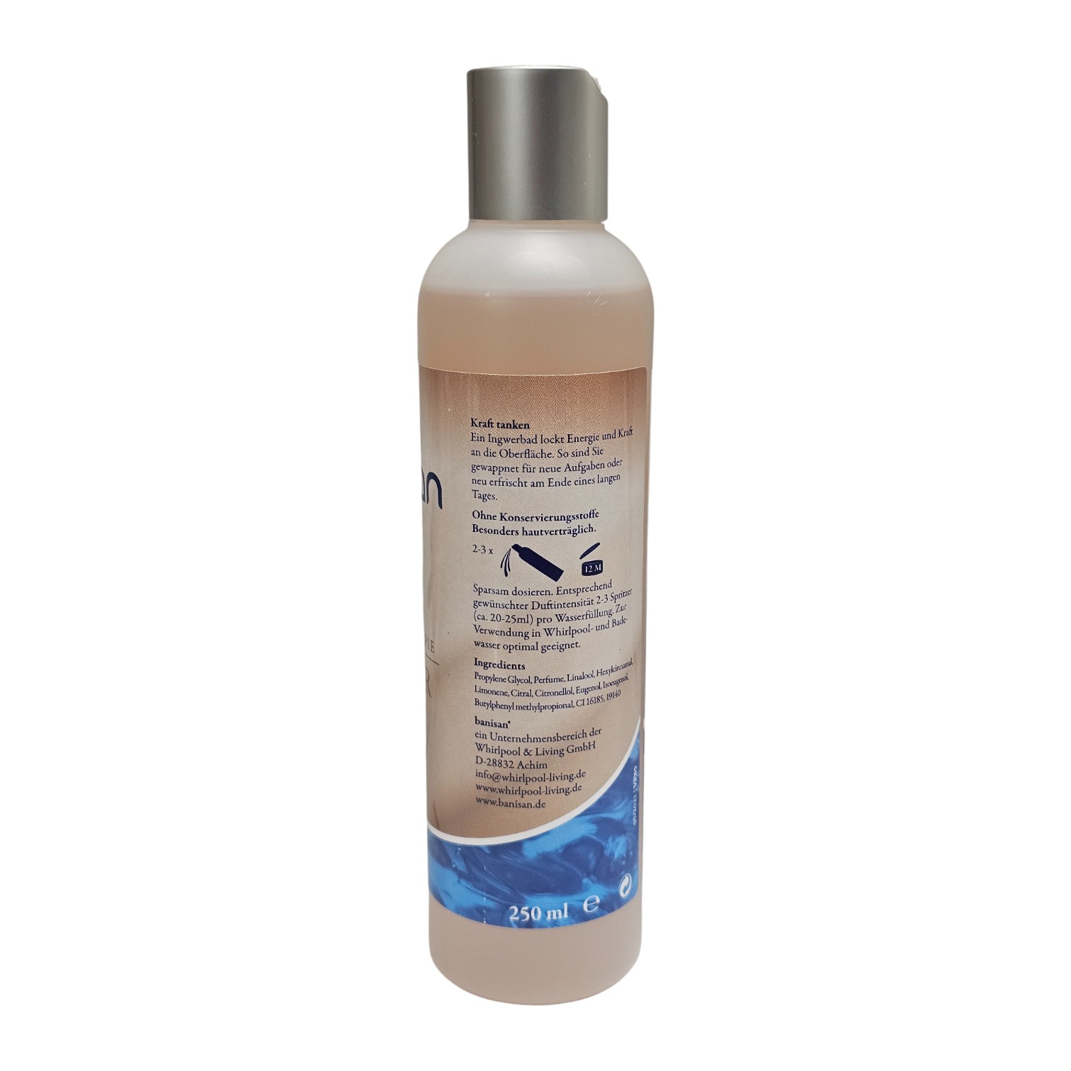 Flasche Banisan-Badeessenz mit Ingwer und Duftstoff, 250 ml Volumen.