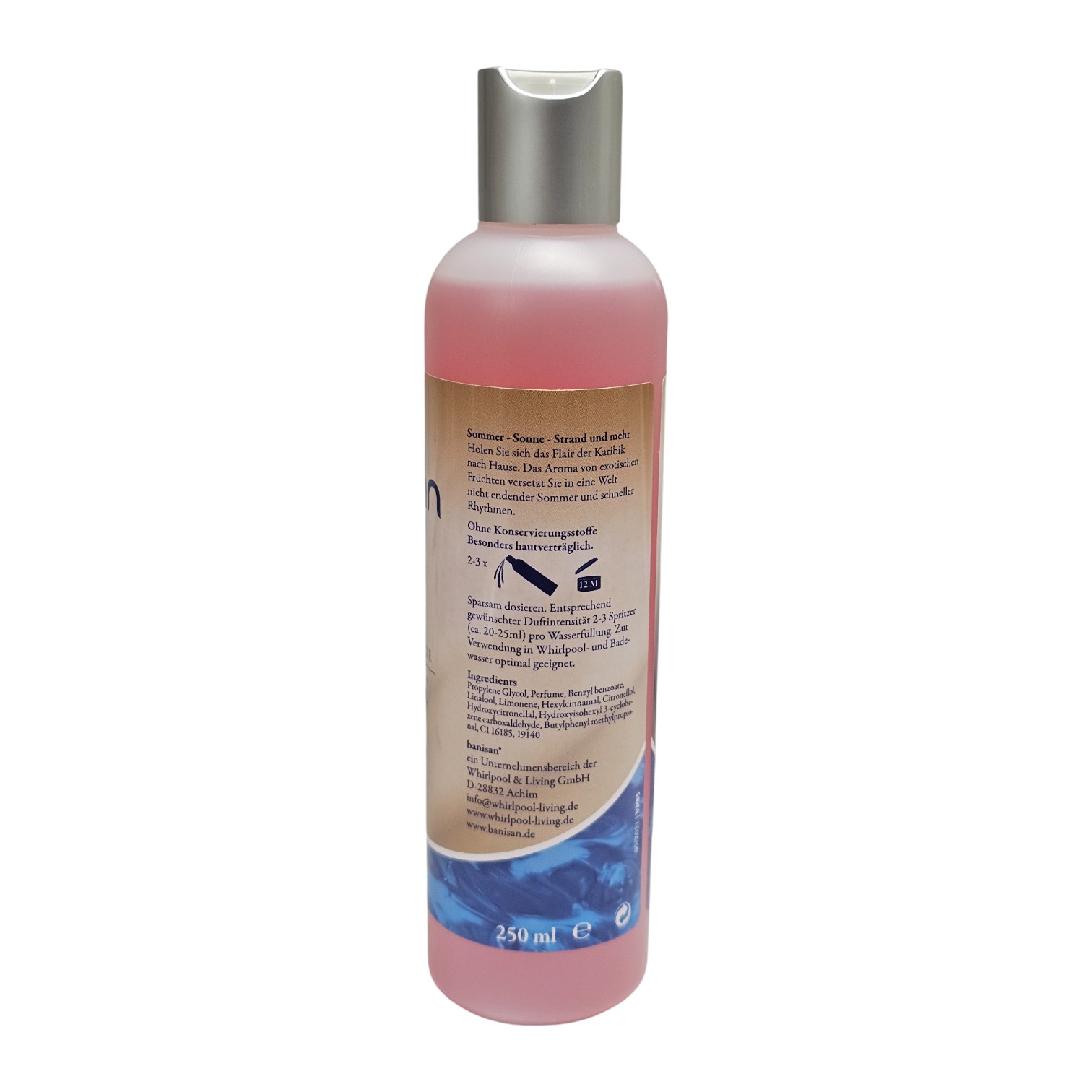Eine 250-ml-Flasche Badezusatz mit Produktdetails und Inhaltsstoffen auf dem Etikett.