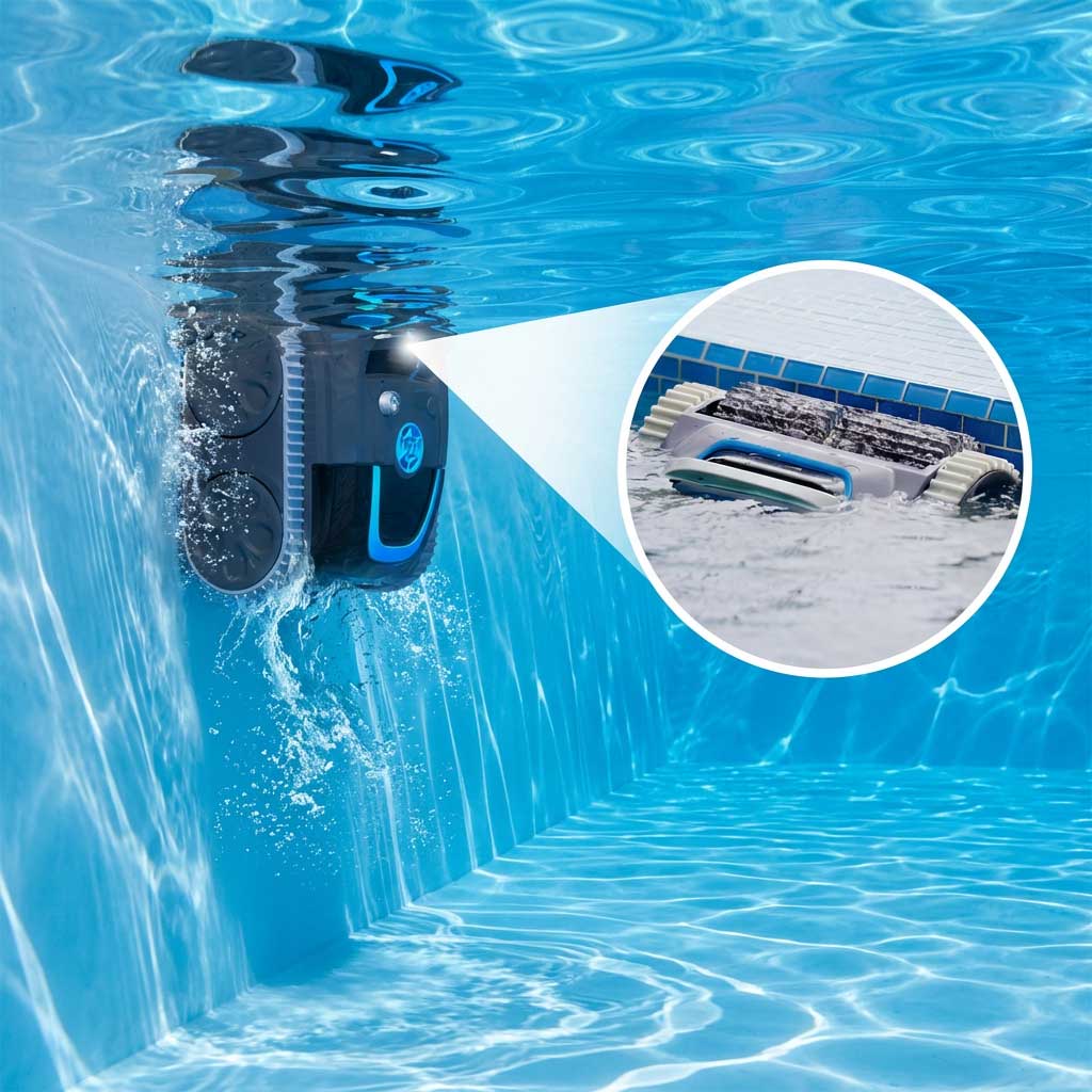 Automatischer Poolreiniger, der unter Wasser in einem Schwimmbad betrieben wird.