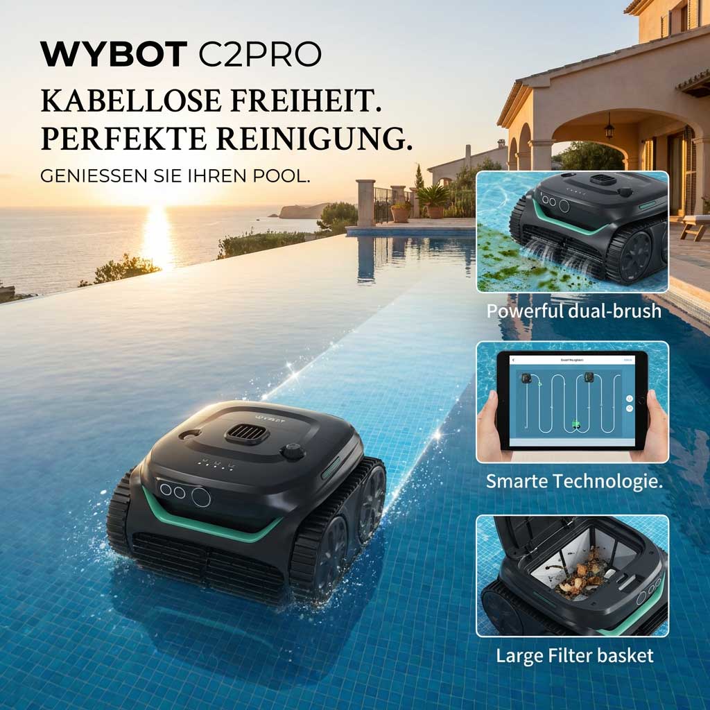 Roboter-Poolreiniger für den Einsatz in einem Schwimmbad mit großem Filterkorb und Doppelbürsten.