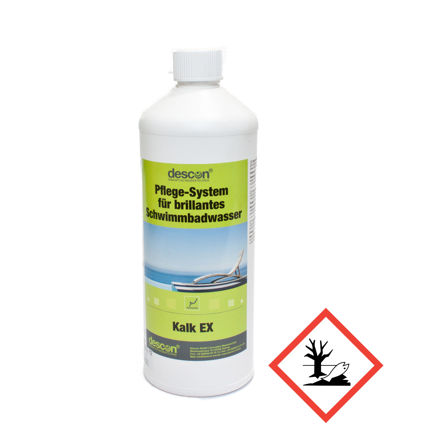 Eine weiße Flasche descon Kalk EX Poolwasseraufbereitungslösung wird ausgestellt.
