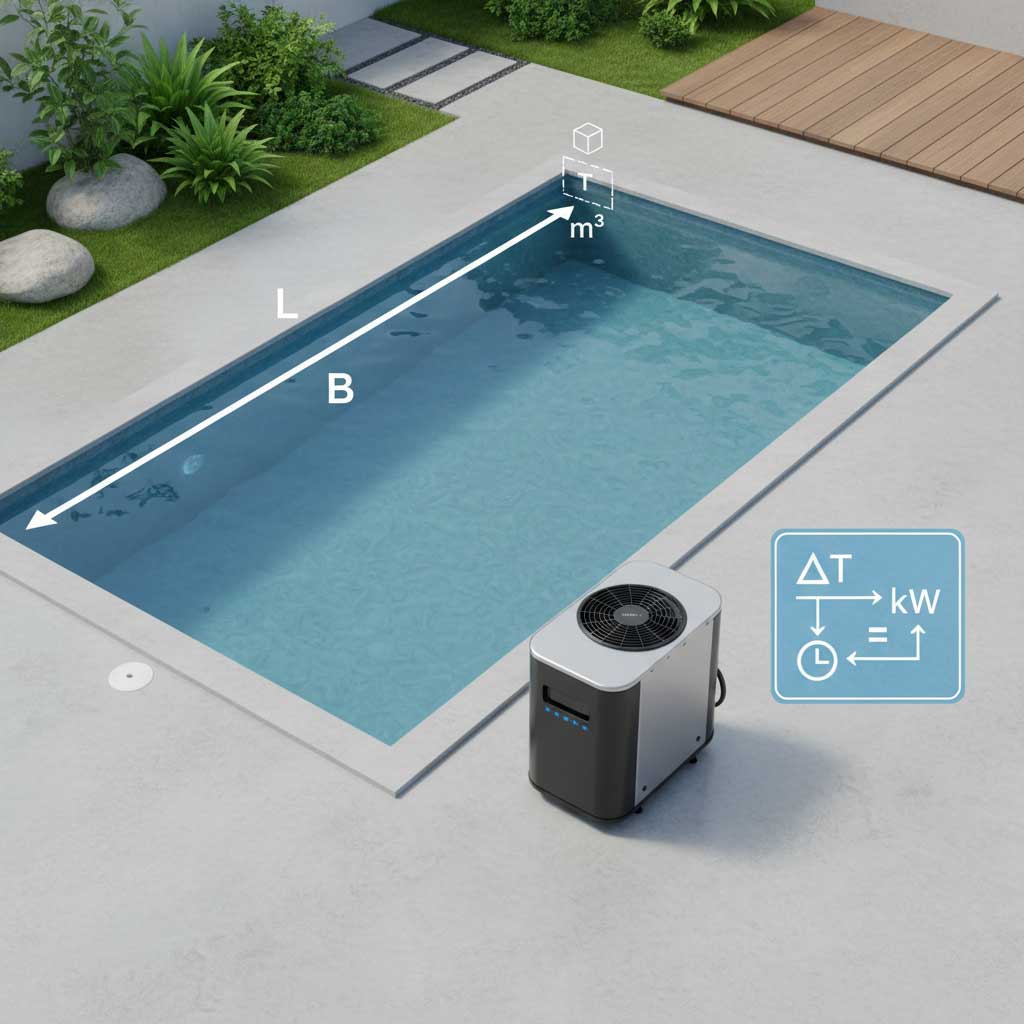 Das Bild zeigt ein rechteckiges Schwimmbad mit einer Wärmepumpe zur Temperaturregulierung. Poolabmessungen beschriftet.