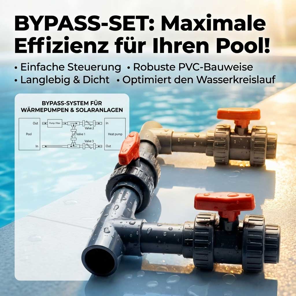 Bypass-Set für Pool mit PVC-Ventilen und Wasserdurchflussdiagramm.