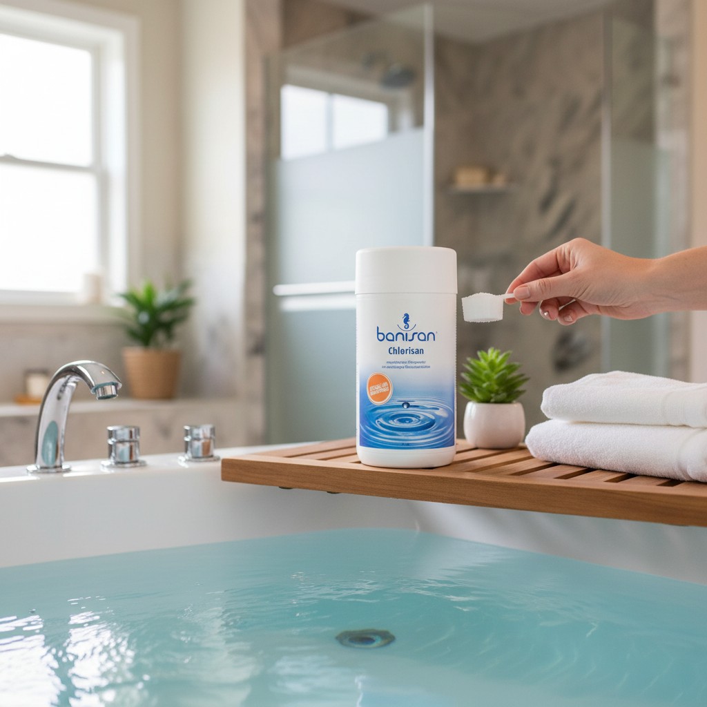 Eine Hand gibt Chlorgranulat aus einem weißen Behälter in eine mit Wasser gefüllte Badewanne.