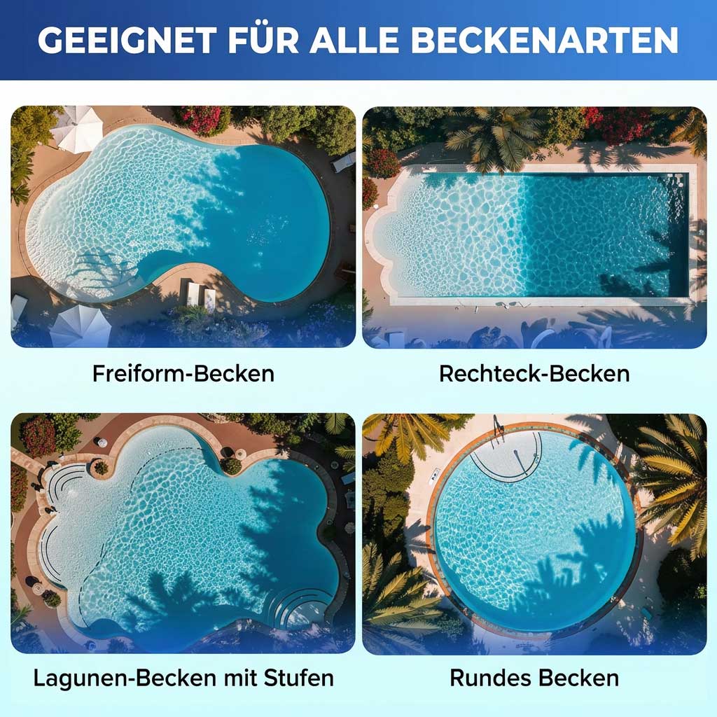 Vier verschiedene Poolformen: Freiform, rechteckig, Lagune mit Stufen und rund.