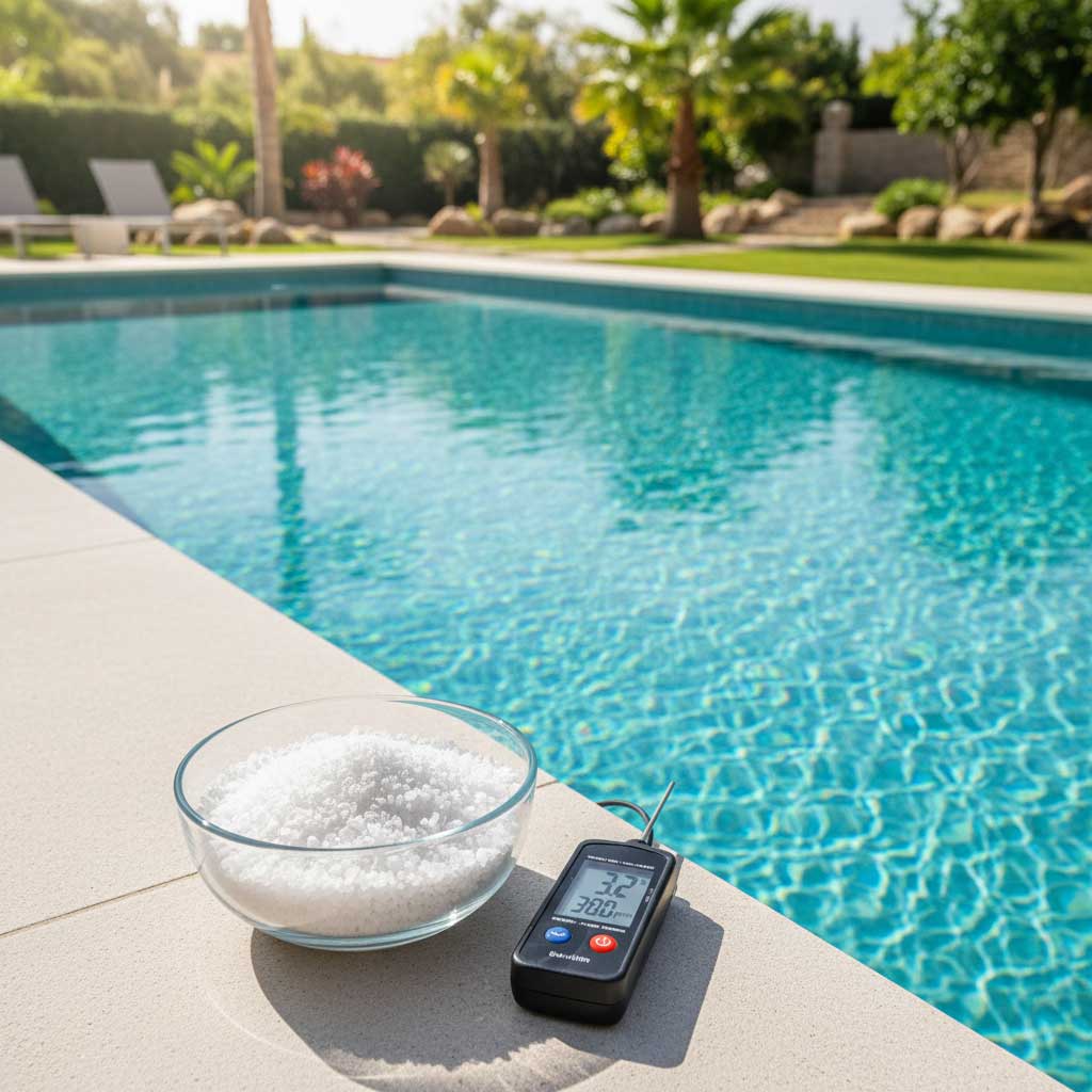 Aquatische Analyse: Poolwassertest mit digitalem Messgerät und Salz in Reagenzienqualität für den Wasserhaushalt.
