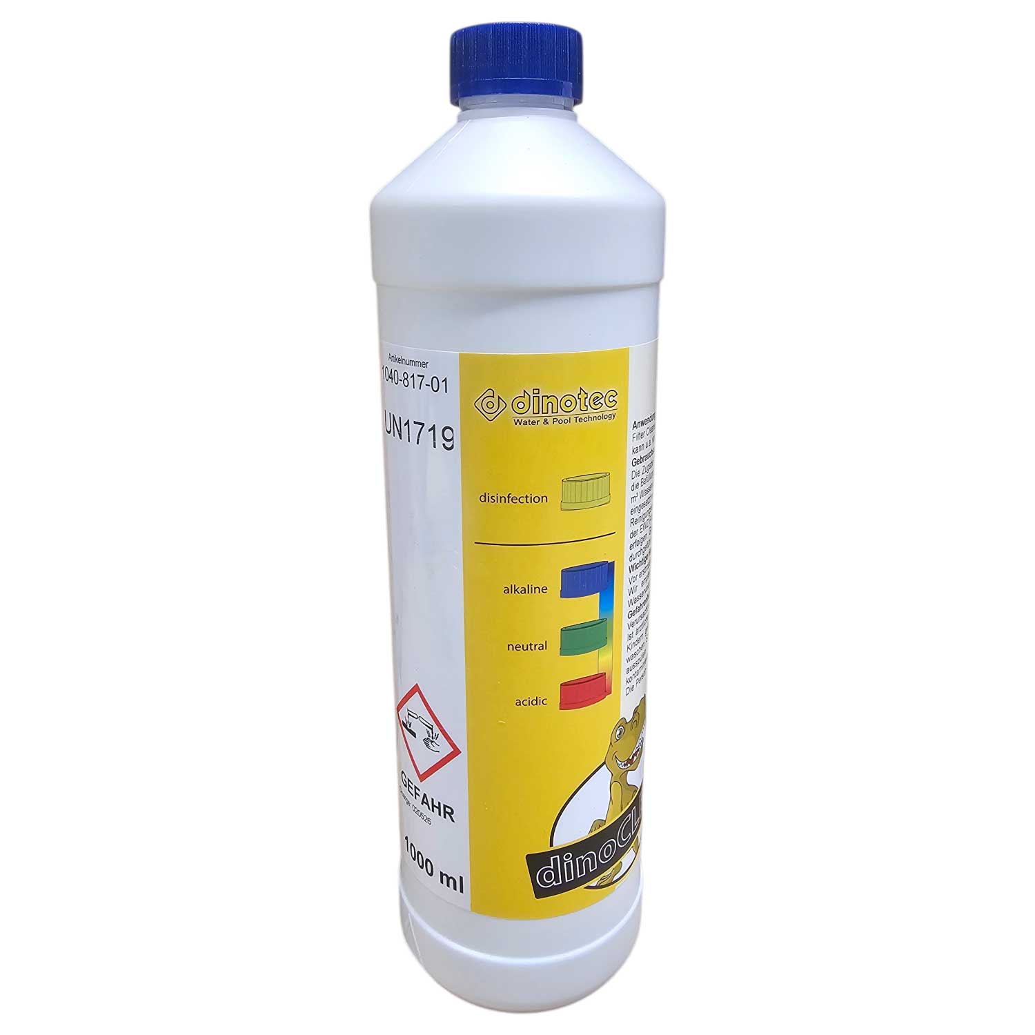 Flasche Poolwasser-Desinfektionsmittel mit farbcodierten pH-Indikatoren.