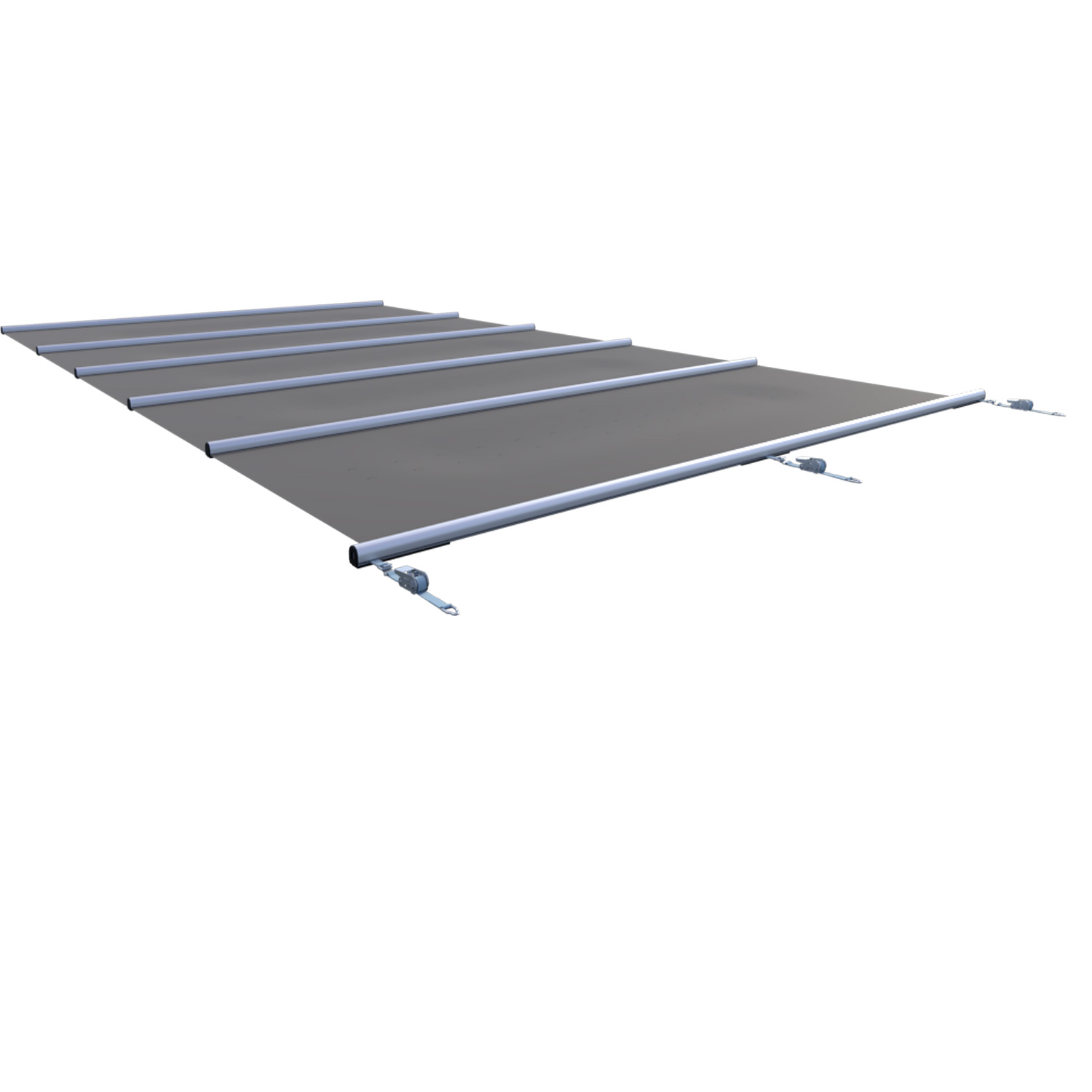 Rechteckige Poolabdeckung, die von Metallstangen getragen wird und mit einem Spannsystem ausgestattet ist.