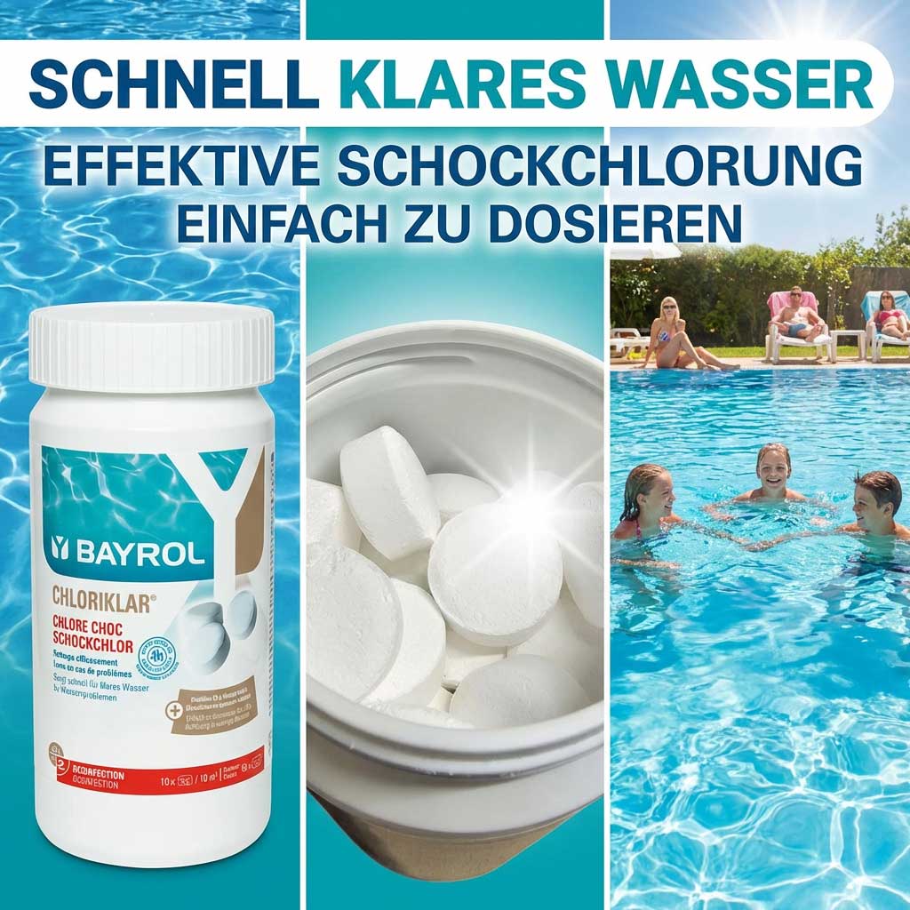 Weiße Flasche Bayrol Chloriklar Schockchlorungstabletten neben einem offenen Behälter mit Tabletten.