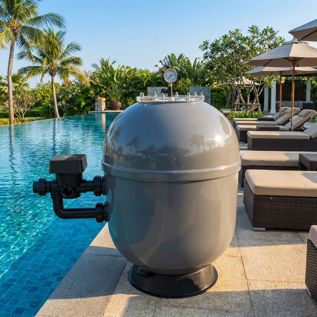 Grauer Poolfilter mit Manometer neben einem Schwimmbad.