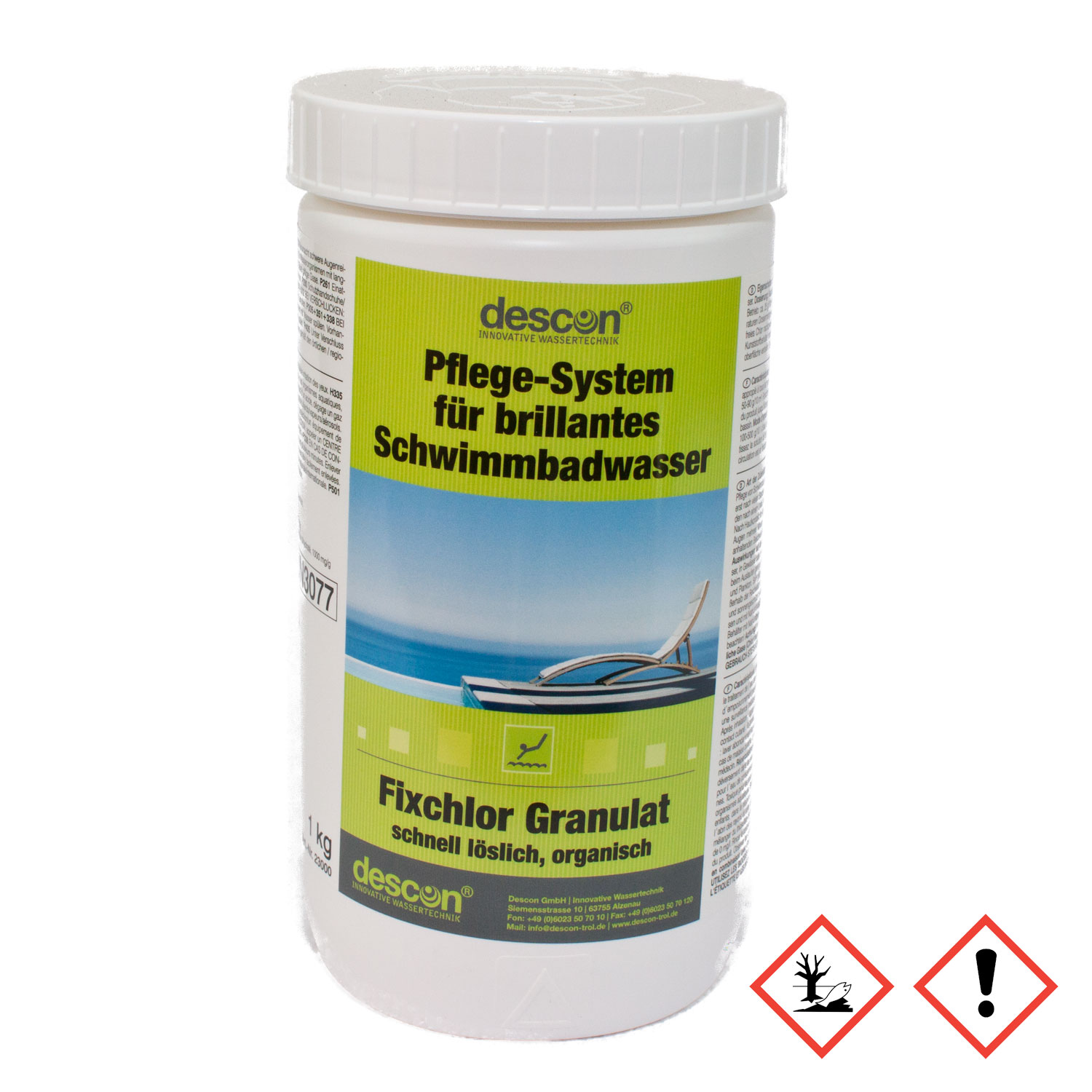 Ein weißer Behälter mit Descon Fixchlor Granulat, einem Produkt zur Wasseraufbereitung für Schwimmbäder.