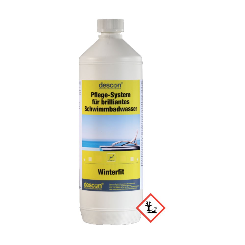 Weiße Flasche Descon Winterfit Poolpflegesystem, entwickelt für strahlendes Schwimmbadwasser.
