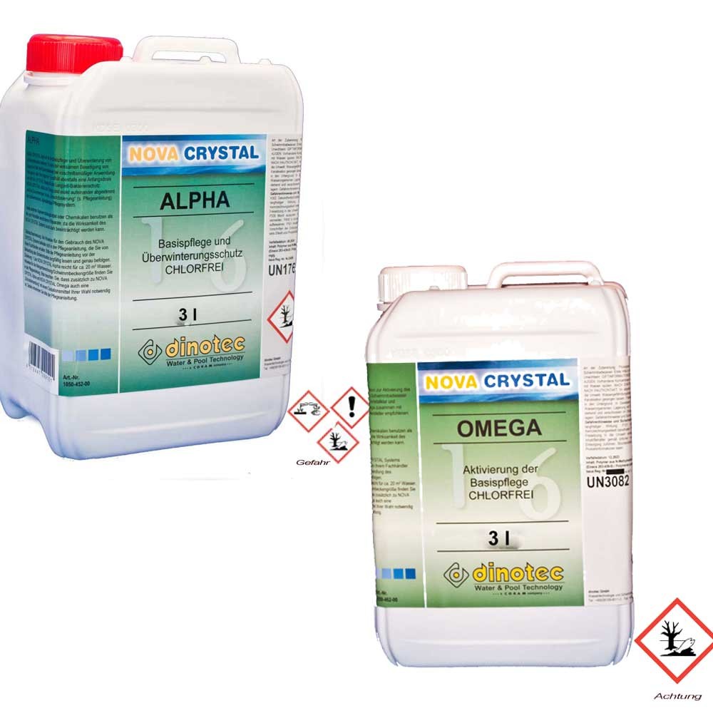 Zwei 3-Liter-Behälter Dinotec Nova Crystal ALPHA und OMEGA für die Poolpflege und den Winterschutz.