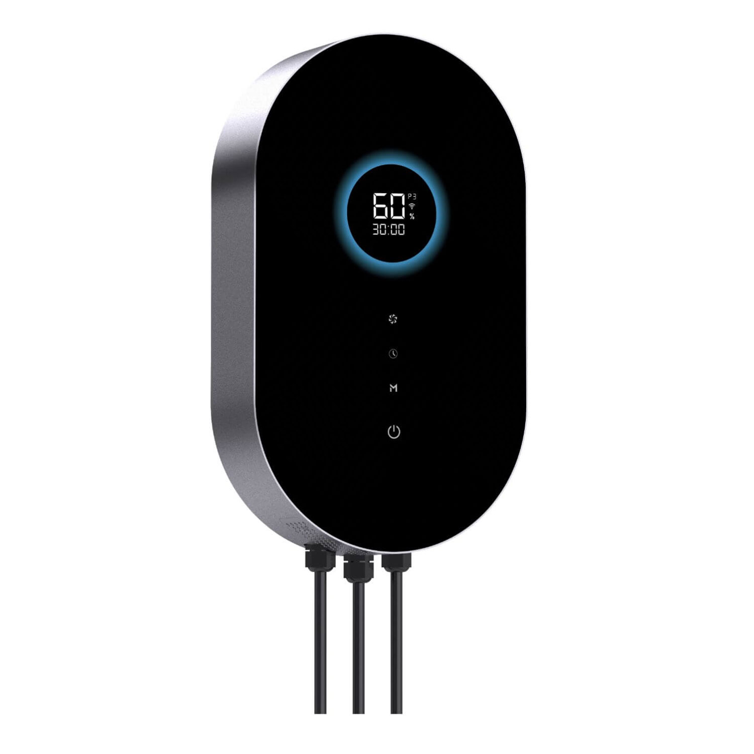 Wandmontiertes Elektrogerät mit Digitalanzeige „60 %“ und angeschlossenen Kabeln.