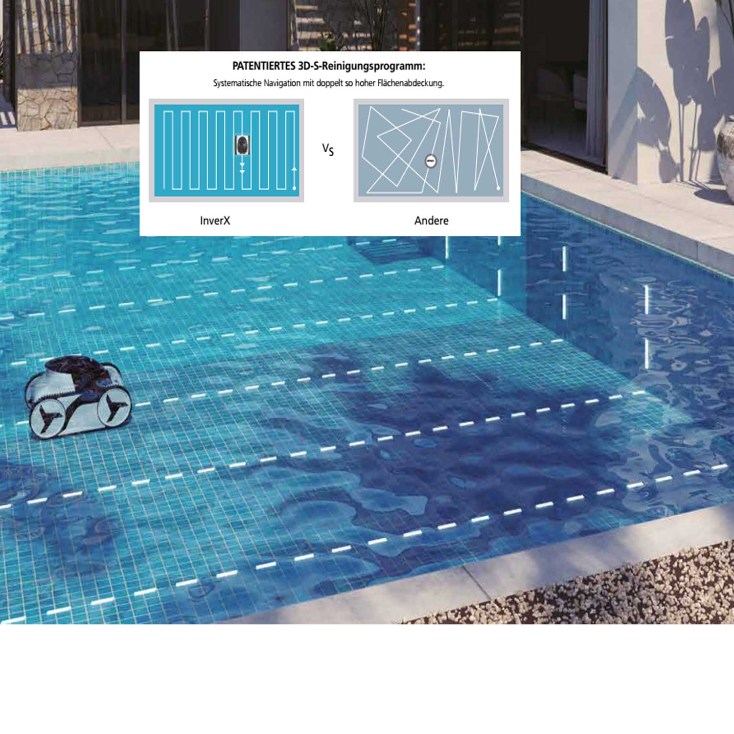 Roboter-Poolreiniger im Einsatz und demonstriert seine effiziente Navigation in einem gefliesten Schwimmbad.