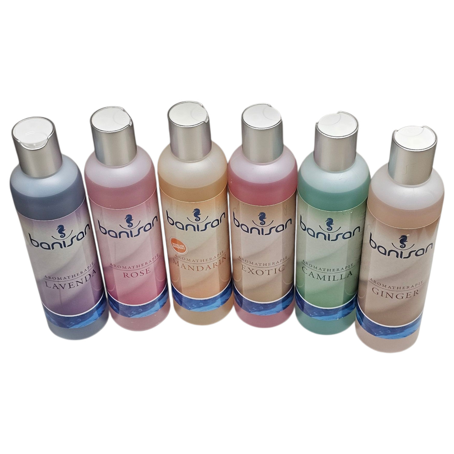 Sechs nebeneinander angeordnete Flaschen Banisan-Aromatherapieöle in verschiedenen Farben und Düften.