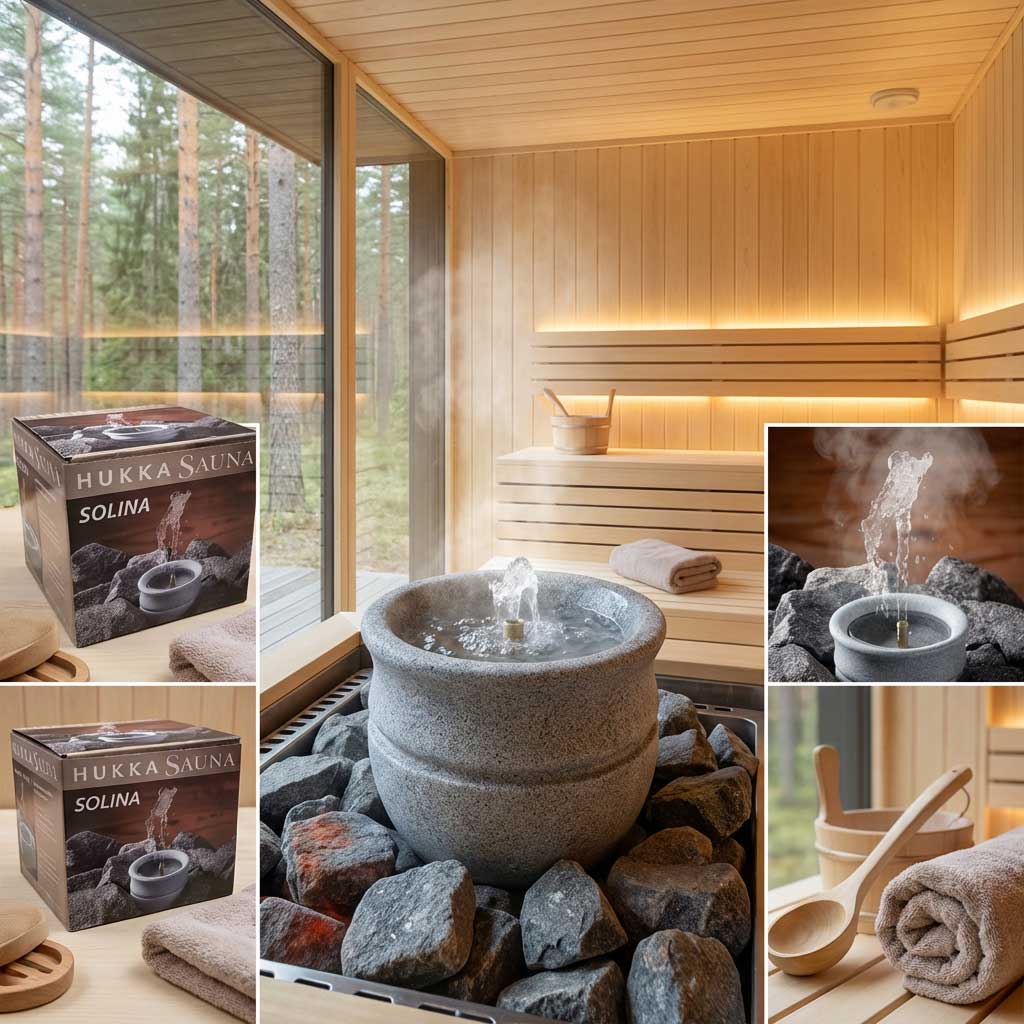 Sauna mit Steinschüssel-Dampfbrunnen und Holzinterieur.