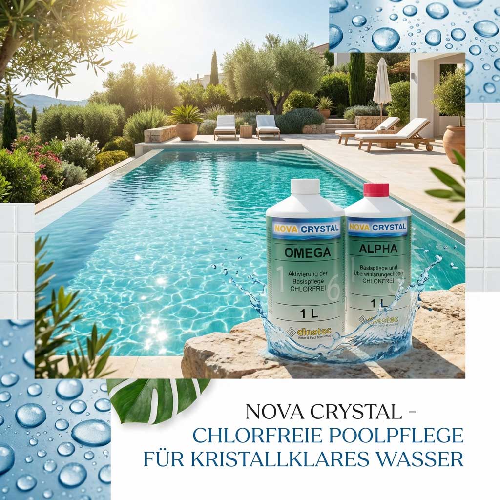 Zwei 1-Liter-Flaschen Poolpflegeprodukte neben einem Schwimmbad.