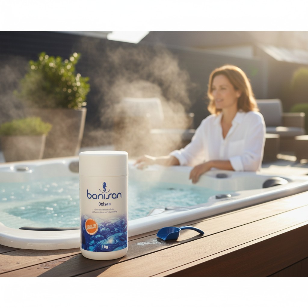 Banisan Oxisan Whirlpool-Wasseraufbereitungsprodukt, abgebildet mit Whirlpool und Schaufel zur Anwendung.