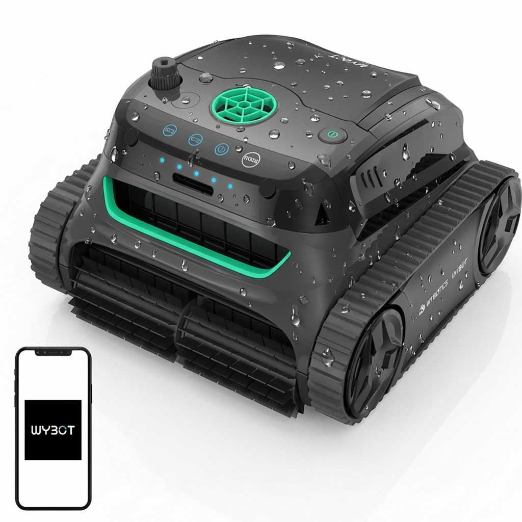 Poolreiniger-Roboter mit wasserabweisendem Design und Bedienfeld.