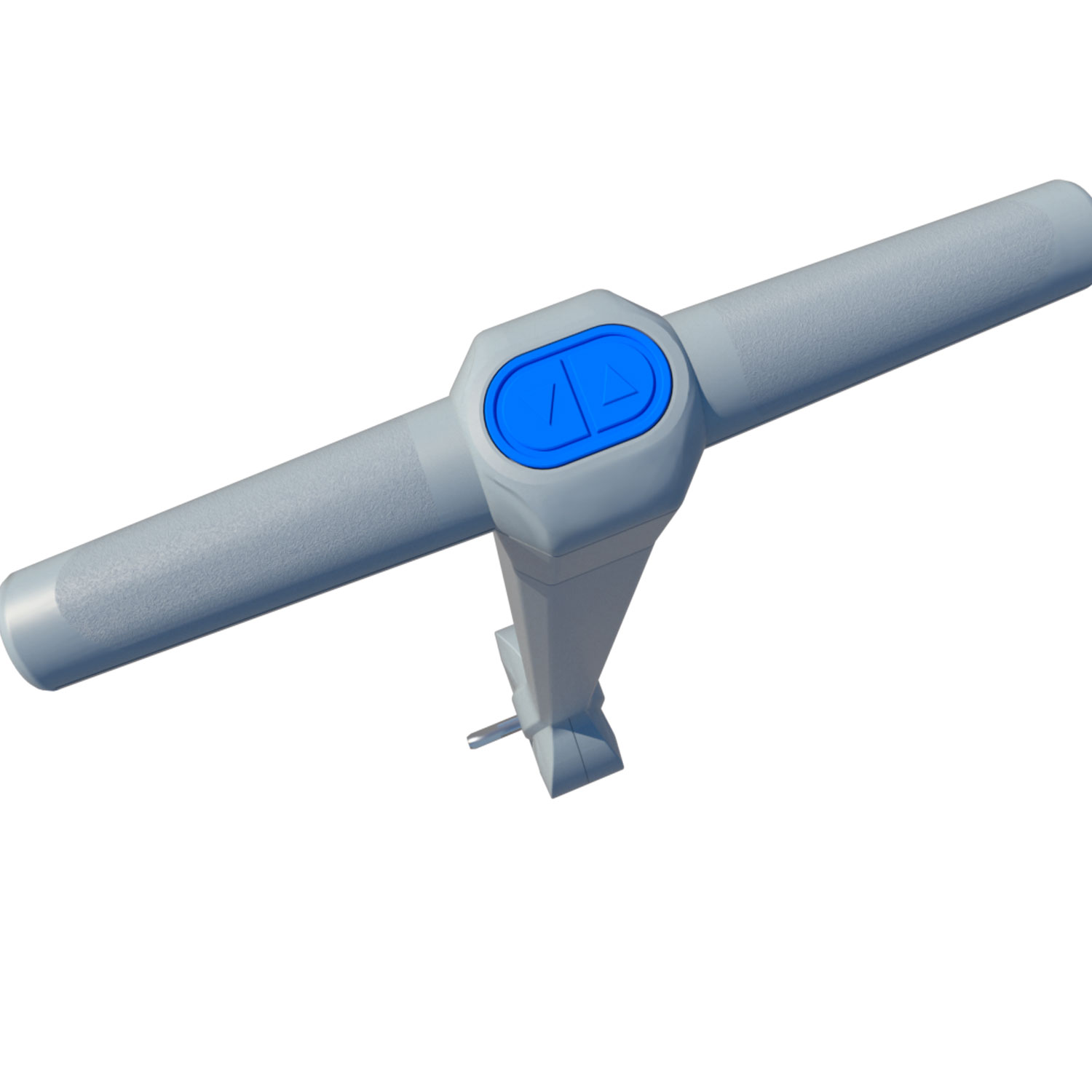 Nahaufnahme eines grauen T-Griff-Mechanismus mit blauem Knopf und strukturierten Griffbereichen.