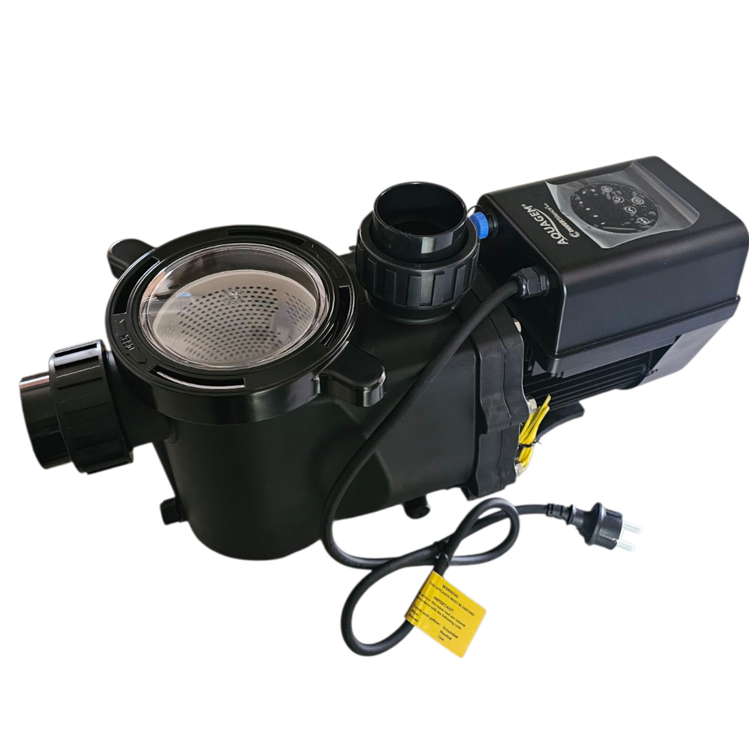 Das Bild zeigt eine schwarze Aquagem-Poolpumpe mit variabler Drehzahl und einer durchsichtigen Deckelbaugruppe.