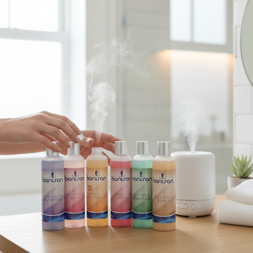 Sortiment an Aromatherapieflaschen mit Etiketten und einem weißen Diffusor, der Dampf ausstößt.