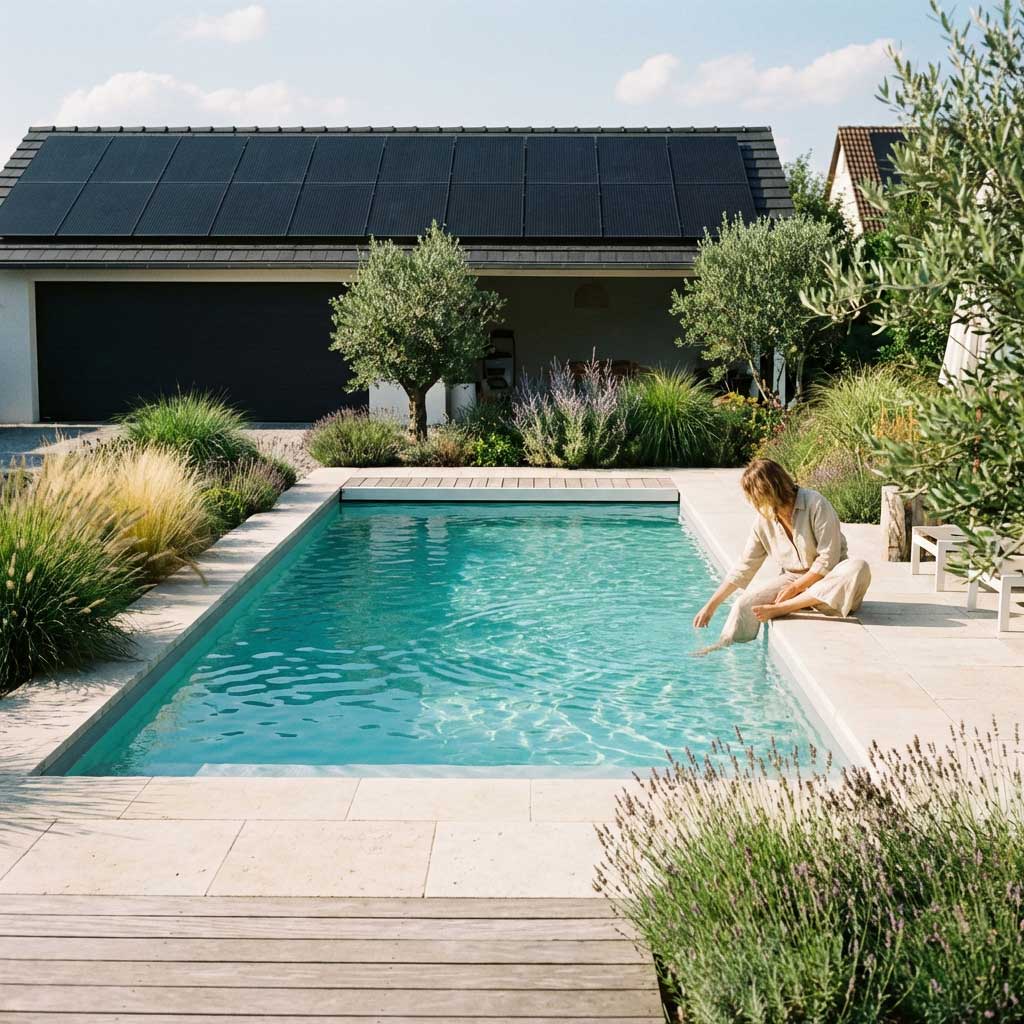 Rechteckiger Swimmingpool in einem Hinterhof mit Sonnenkollektoren auf der Dachkonstruktion des Gebäudes.