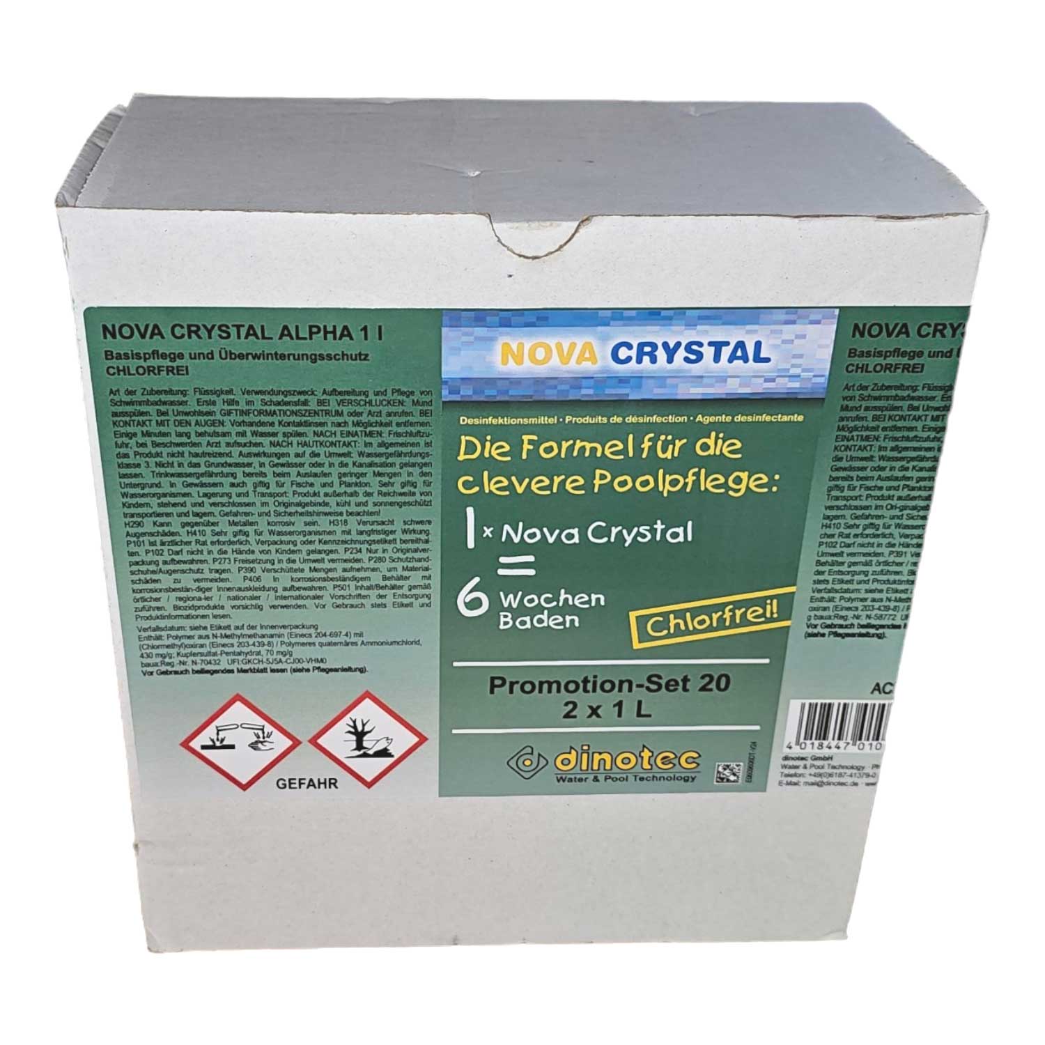 Nova Crystal Poolpflegemittel in Originalverpackung, zur Desinfektion und Wasseraufbereitung.
