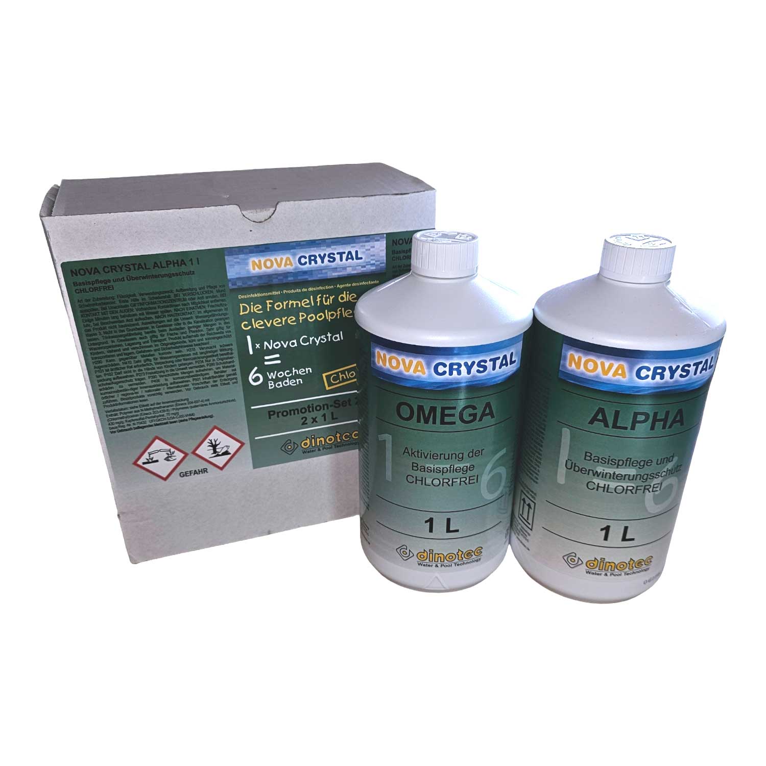Poolpflegeset inklusive Nova Crystal Alpha und Omega mit 1-Liter-Behältern in Verpackung.