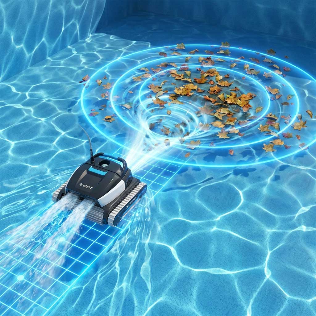 Autonomer Poolreiniger entfernt Blätter aus dem Wasser mit Wasserstrahlen.