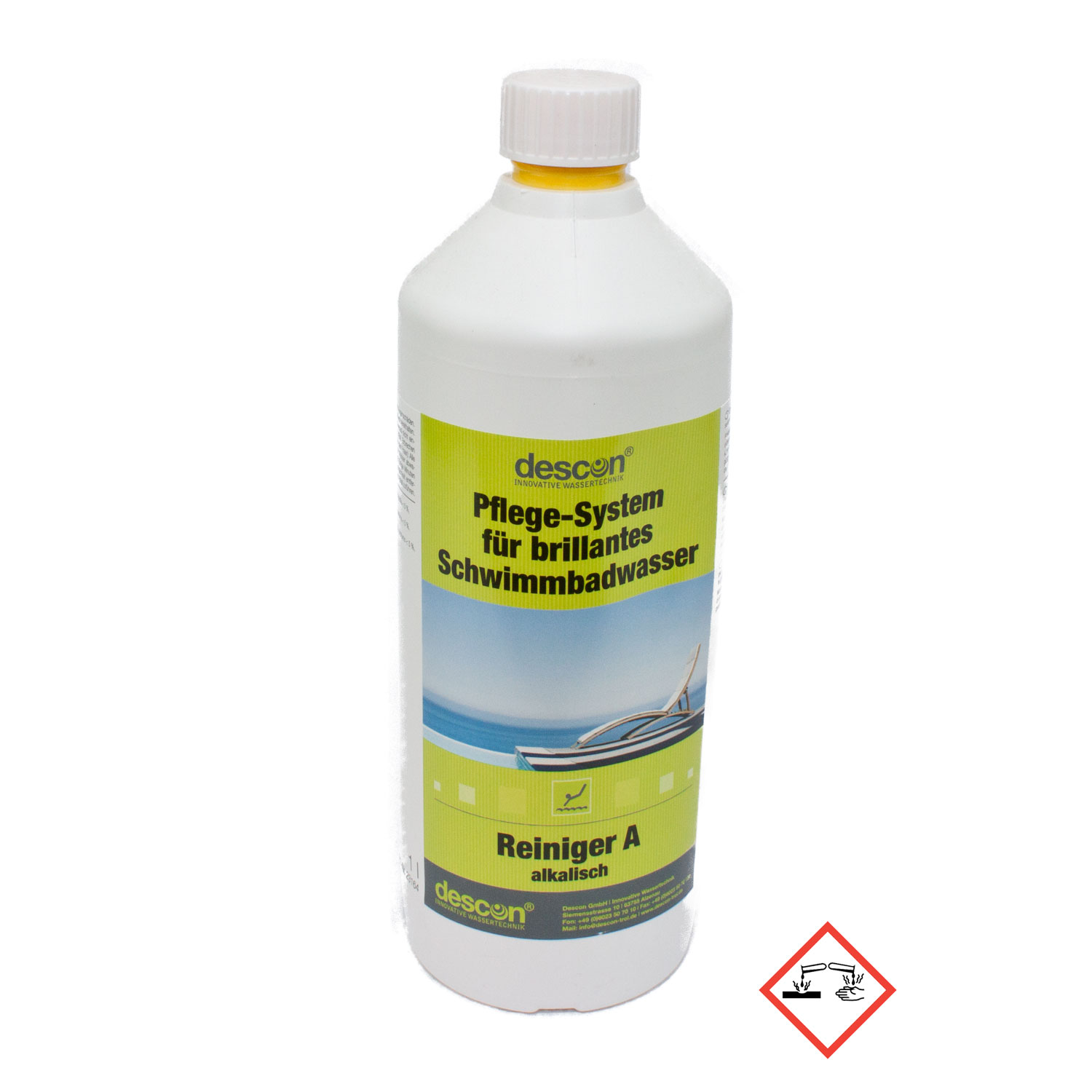 Eine Flasche Descon Reiniger A, eine alkalische Lösung zur Schwimmbadpflege.