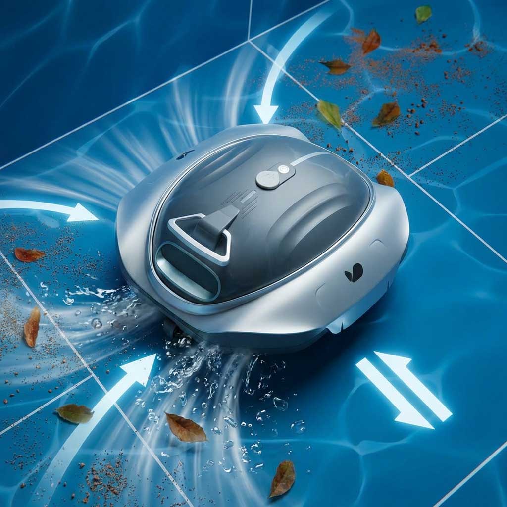 Roboter-Poolreiniger, der in einem blauen Pool arbeitet, Wasser zirkuliert und Schmutz aufsammelt.