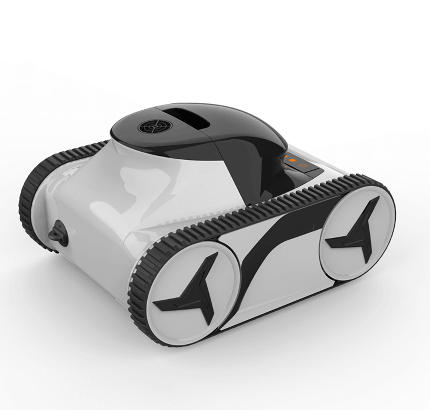 Roboter-Poolreiniger mit weißem Gehäuse mit schwarzen Akzenten und Profilrädern.