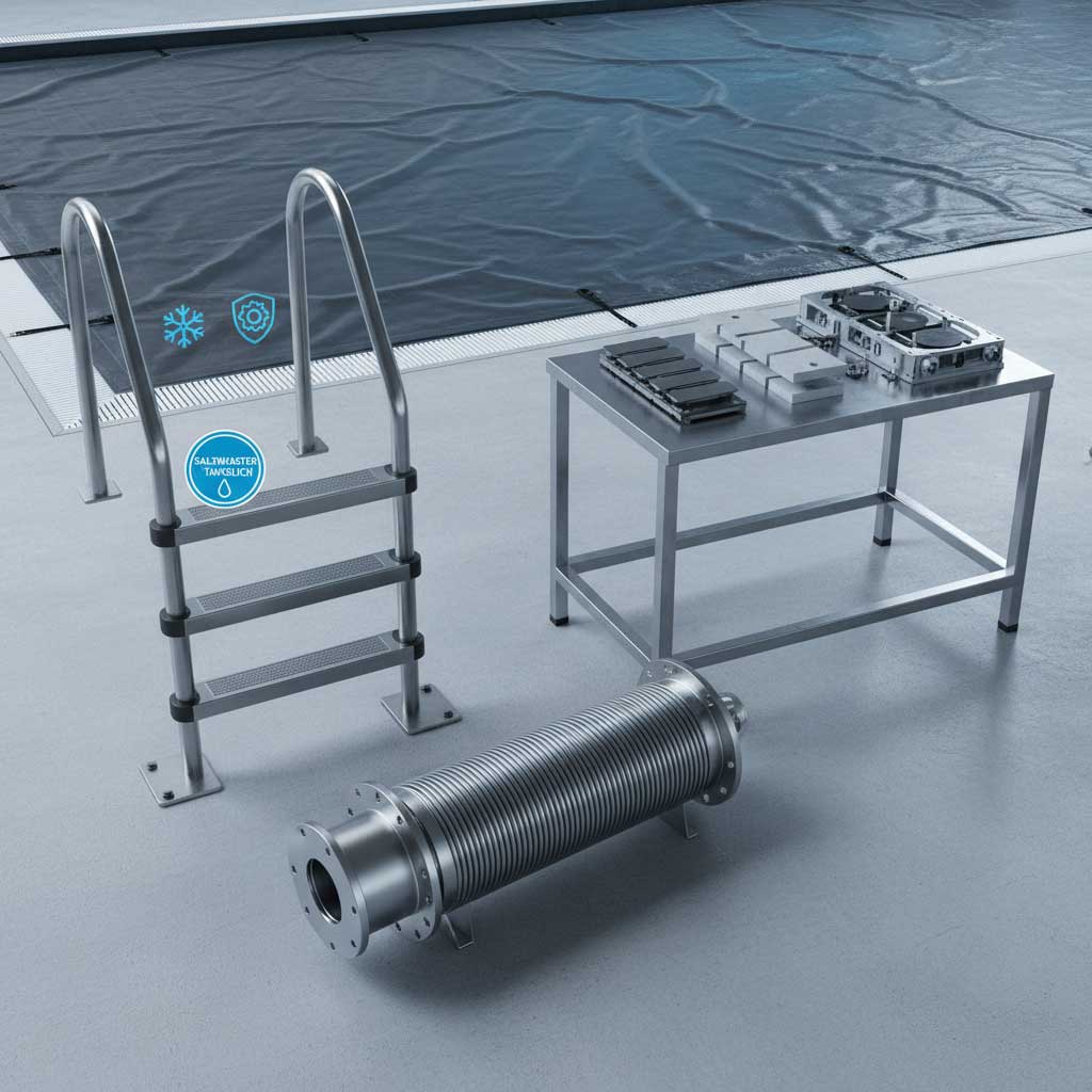 Das Bild zeigt die Poolausrüstung, darunter eine Leiter, einen Metalltisch mit Komponenten und einen Wellschlauch.