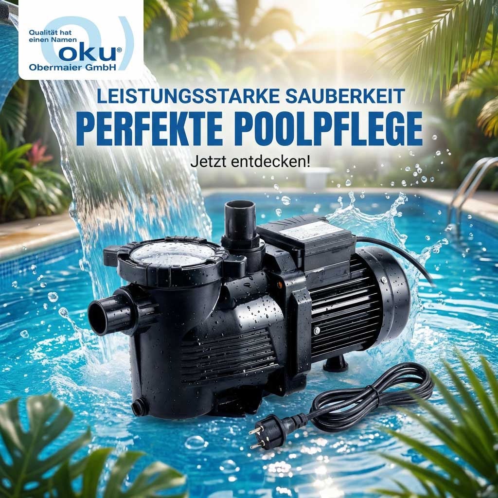 Schwarze Poolpumpe mit herumspritzendem Wasser in einem Schwimmbad.
