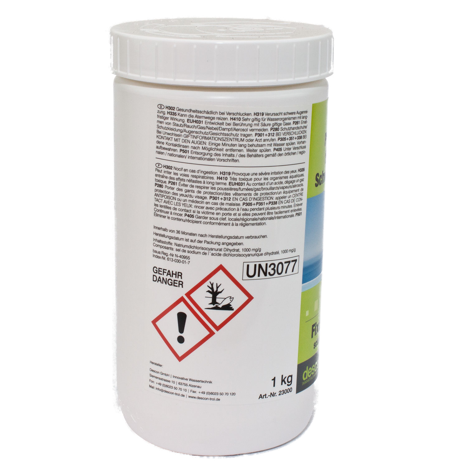 Ein 1-Kilogramm-Behälter mit Natriumdichlorisocyanurat-Dihydrat, der zur Wasseraufbereitung verwendet wird.
