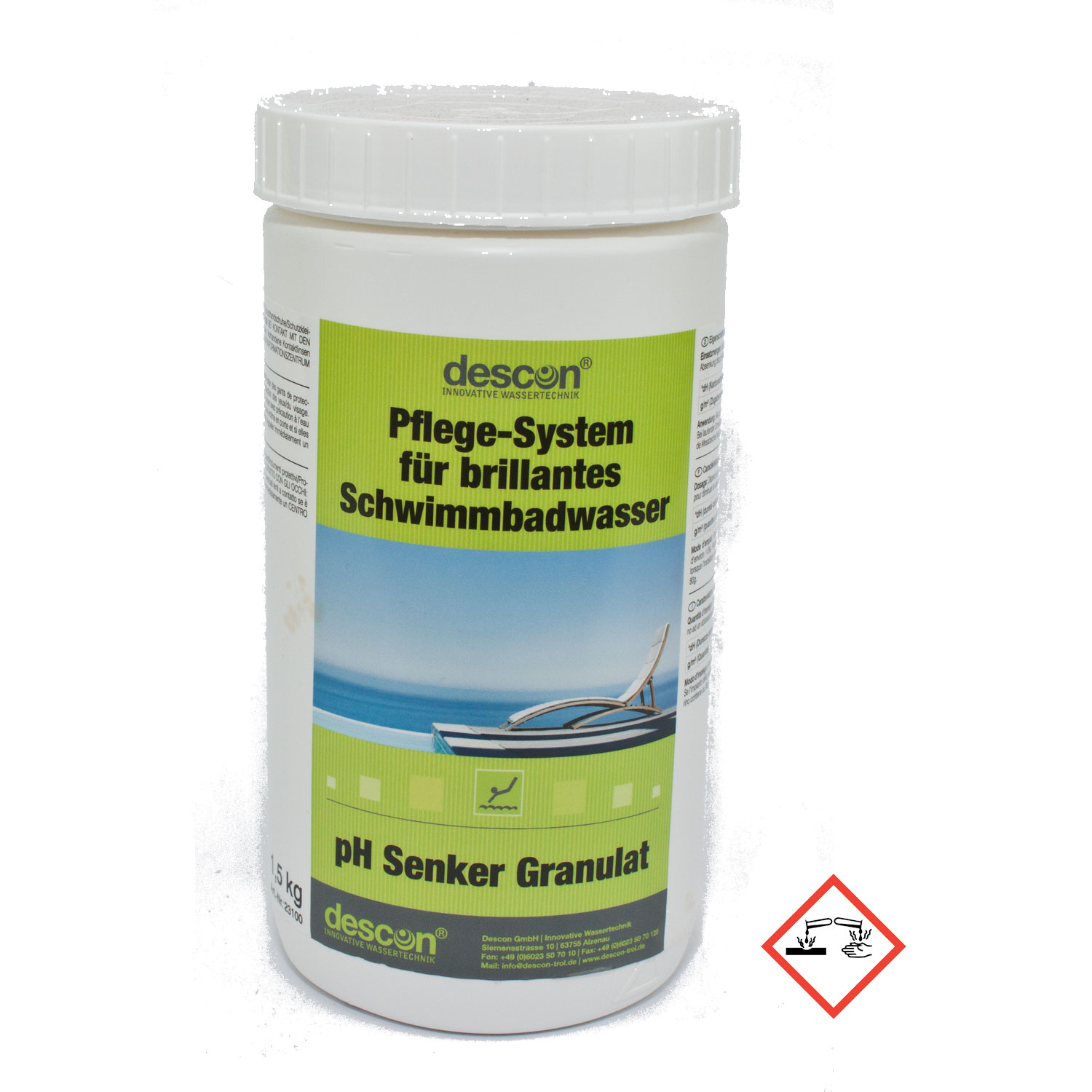 Behälter mit Descon pH Senker Granulat, einem Poolwasseraufbereitungsprodukt für brillantes Poolwasser.