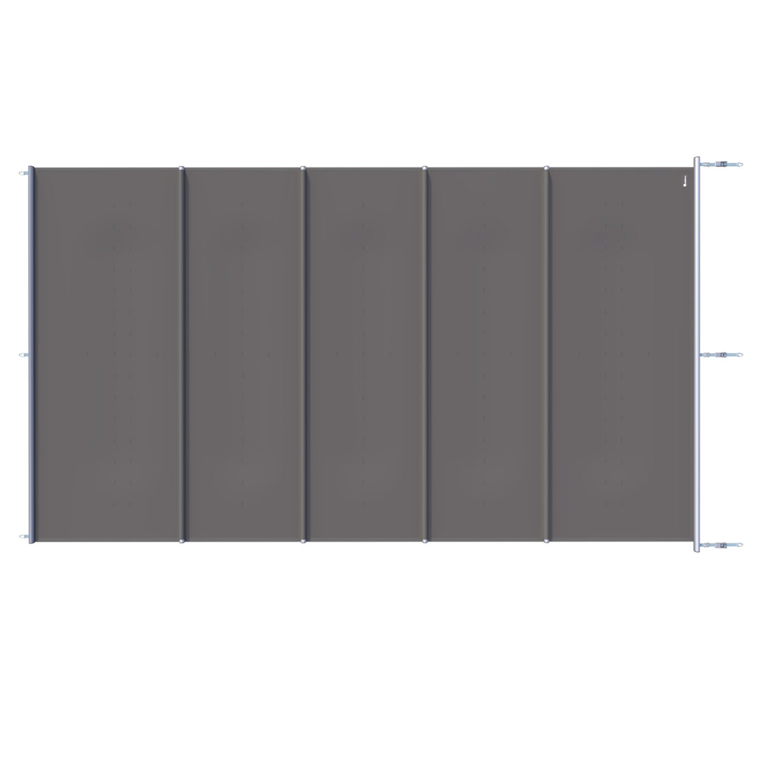 Das Bild zeigt eine rechteckige graue Sicherheits-Poolabdeckung mit Paneeldesign und Metallbeschlägen.