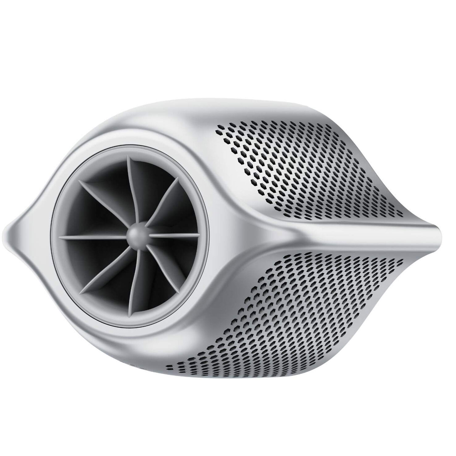 Nahaufnahme eines silbernen Geräts mit Ventilator und perforierter Oberfläche zur Belüftung.