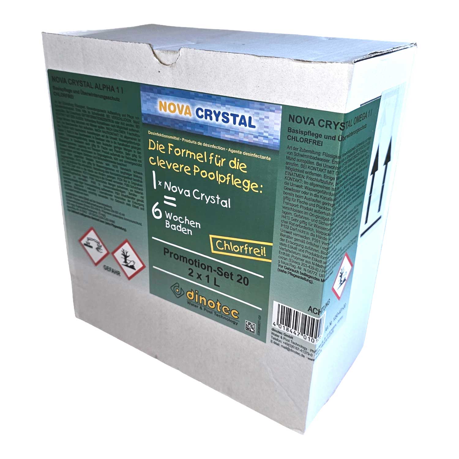Aktionsset zur chlorfreien Poolpflege von Dinotec Nova Crystal in einer Verpackung mit Produktdetails und Sicherheitsinformationen.