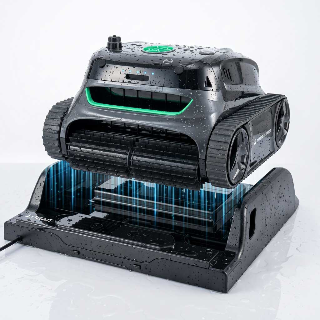 Automatischer Poolreiniger auf einer Ladestation mit Wassertropfen.