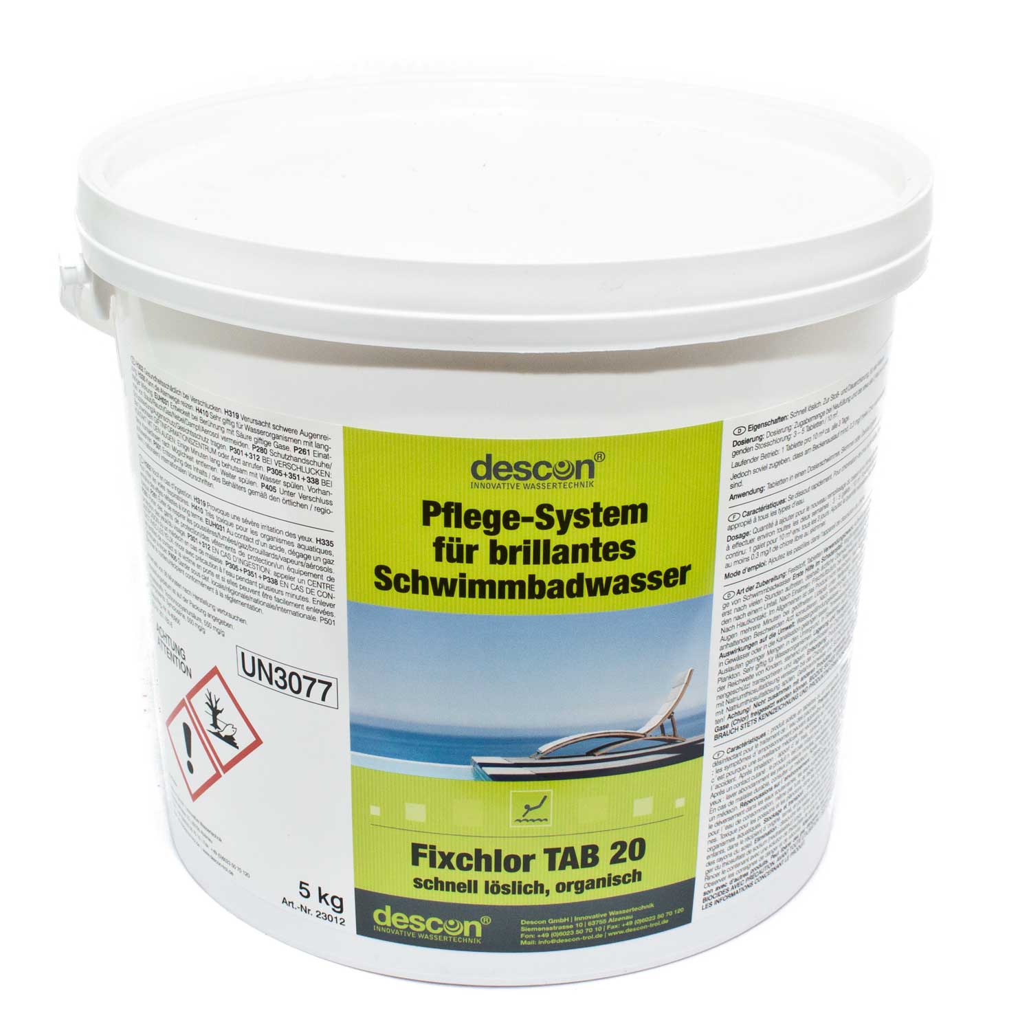 Descon Fixchlor TAB 20 Poolwasseraufbereitungsprodukt im 5 kg weißen Kunststoffbehälter.