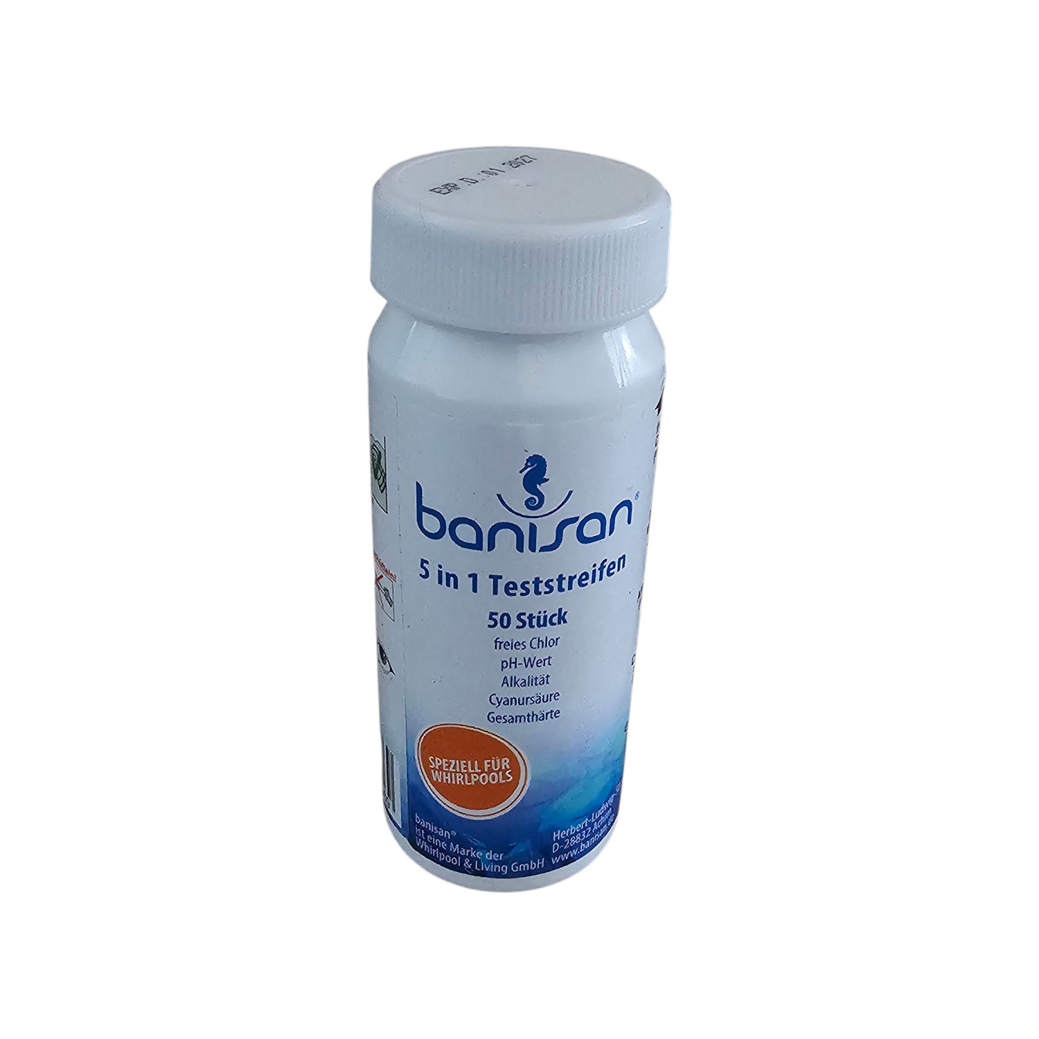 Banisan 5-in-1-Teststreifen zum Testen der Wasserqualität von Pools und Whirlpools in einem weißen Behälter.