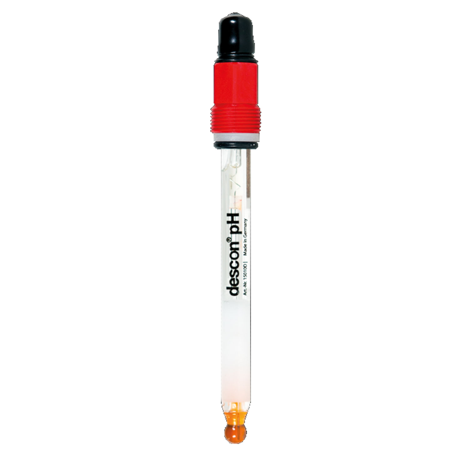 Bild einer DESCON pH-Elektrode mit roter und schwarzer Kappe, die zur Messung von Säuregehalt oder Alkalität verwendet wird.