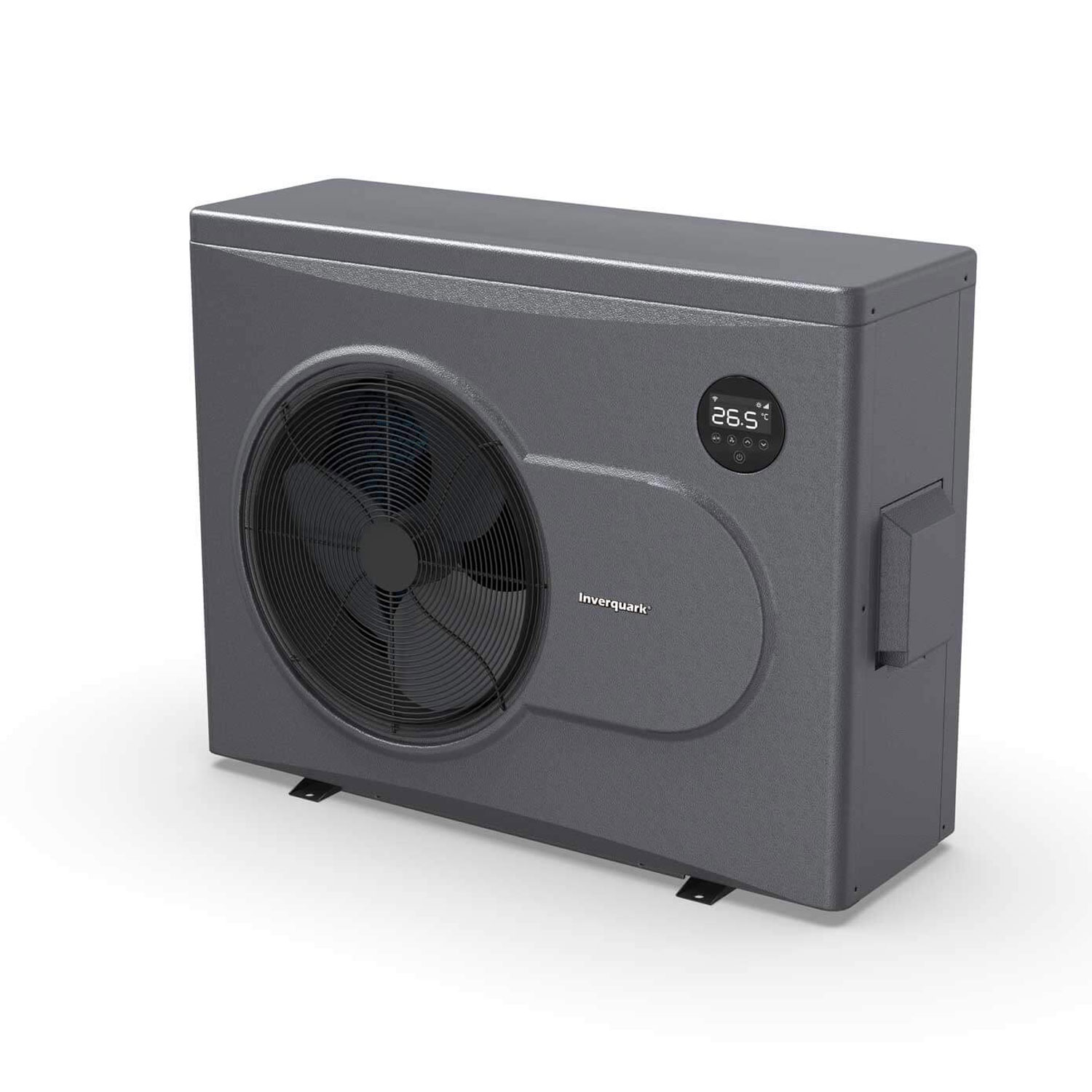Zu sehen ist ein graues Inverquark-Wärmepumpengerät mit Ventilator und digitaler Temperaturanzeige.