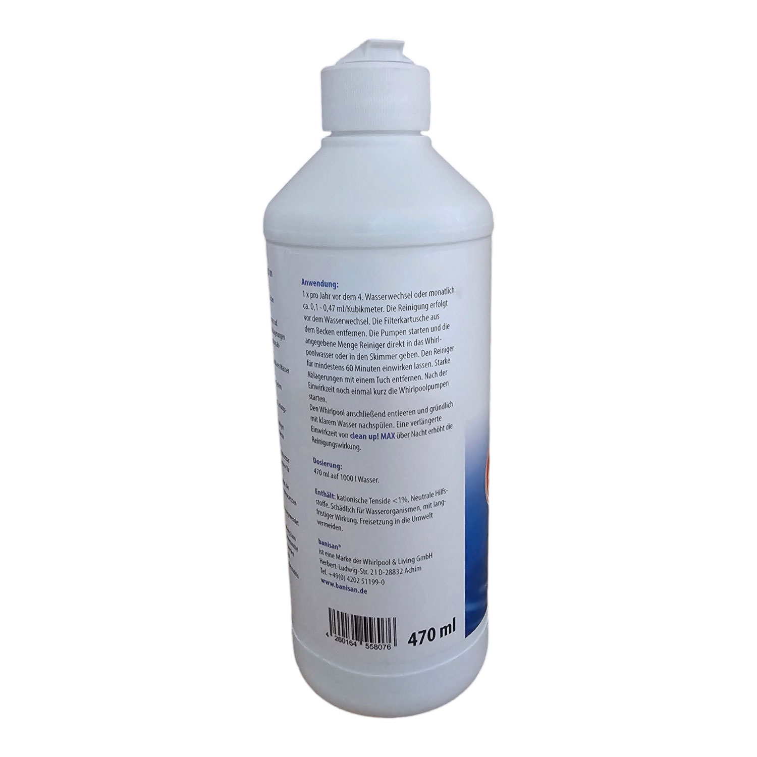 Eine 470-ml-Flasche Whirlpool & Living GmbH Banisan-Poolreinigungsflüssigkeit mit Gebrauchsanweisung.