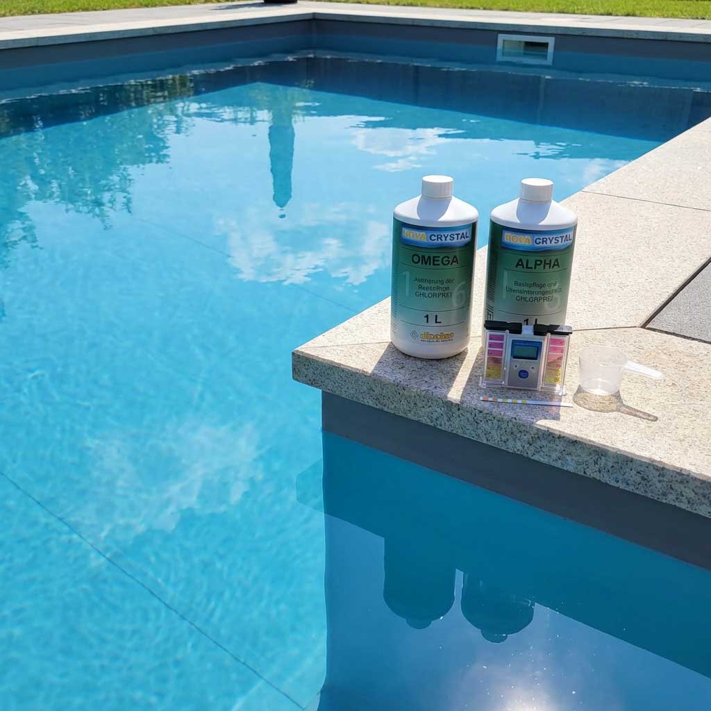 Das Bild zeigt Wasseraufbereitungsprodukte für Schwimmbäder und ein Testkit, die an einem Pool ausgestellt sind.